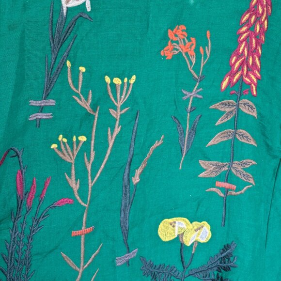 Emerald Green Linen Embroidered Dress Medium - Picture 2 of 4